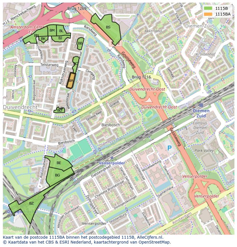 Afbeelding van het postcodegebied 1115 BA op de kaart.