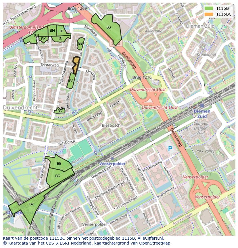 Afbeelding van het postcodegebied 1115 BC op de kaart.