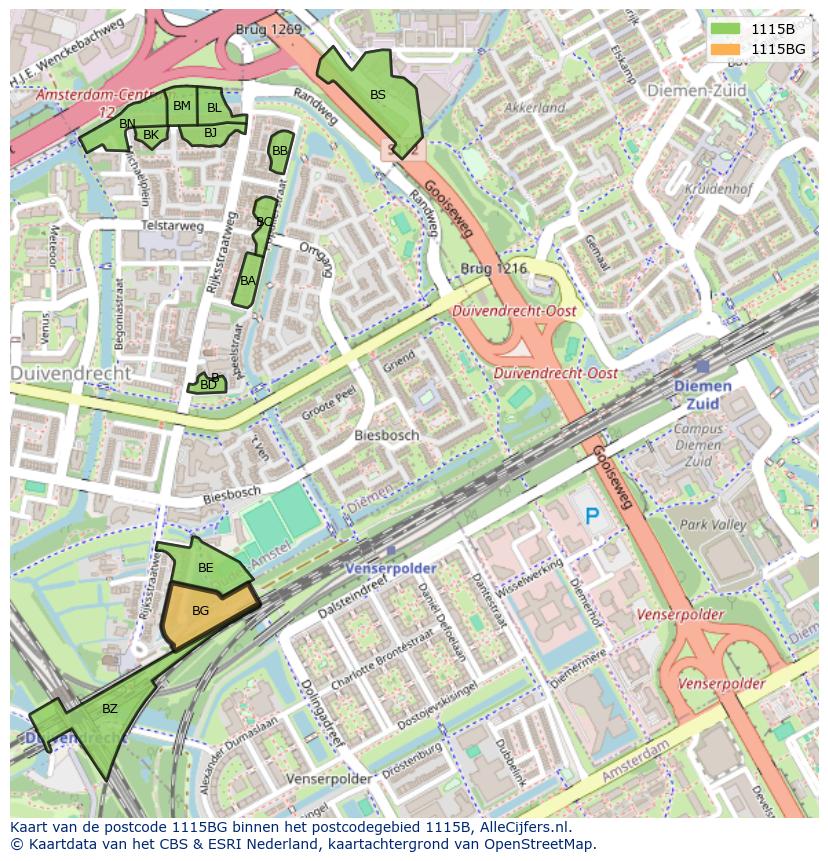 Afbeelding van het postcodegebied 1115 BG op de kaart.