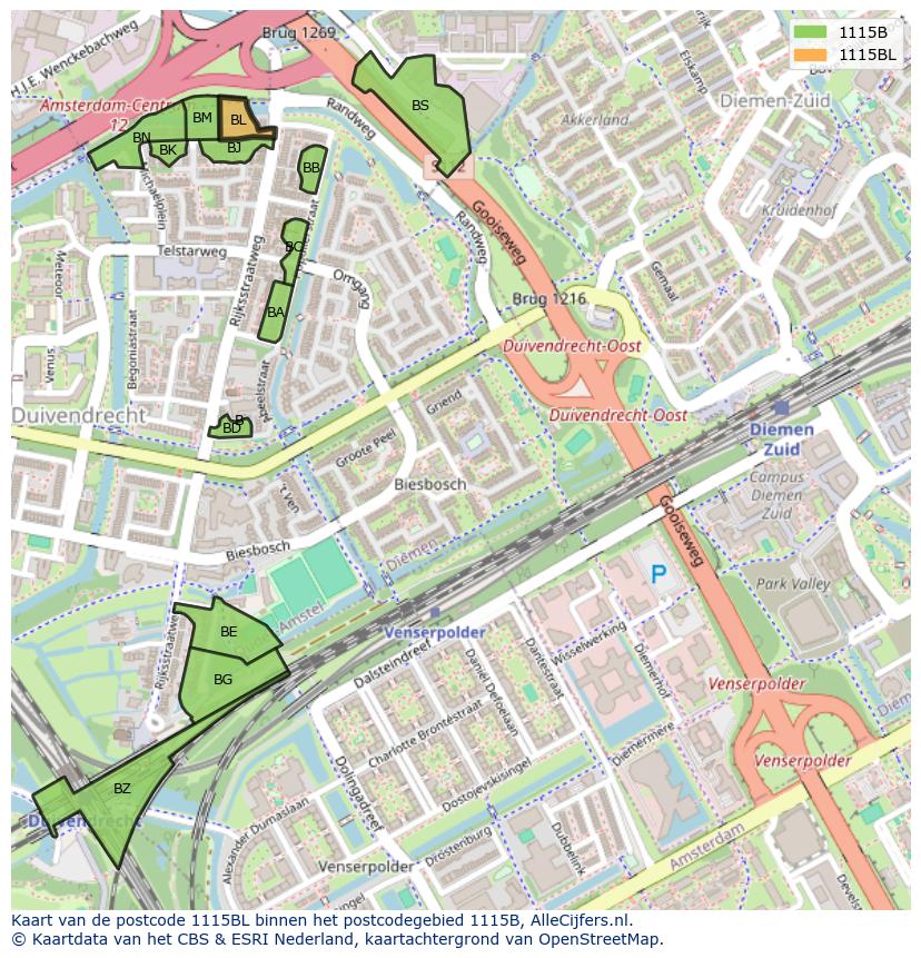 Afbeelding van het postcodegebied 1115 BL op de kaart.