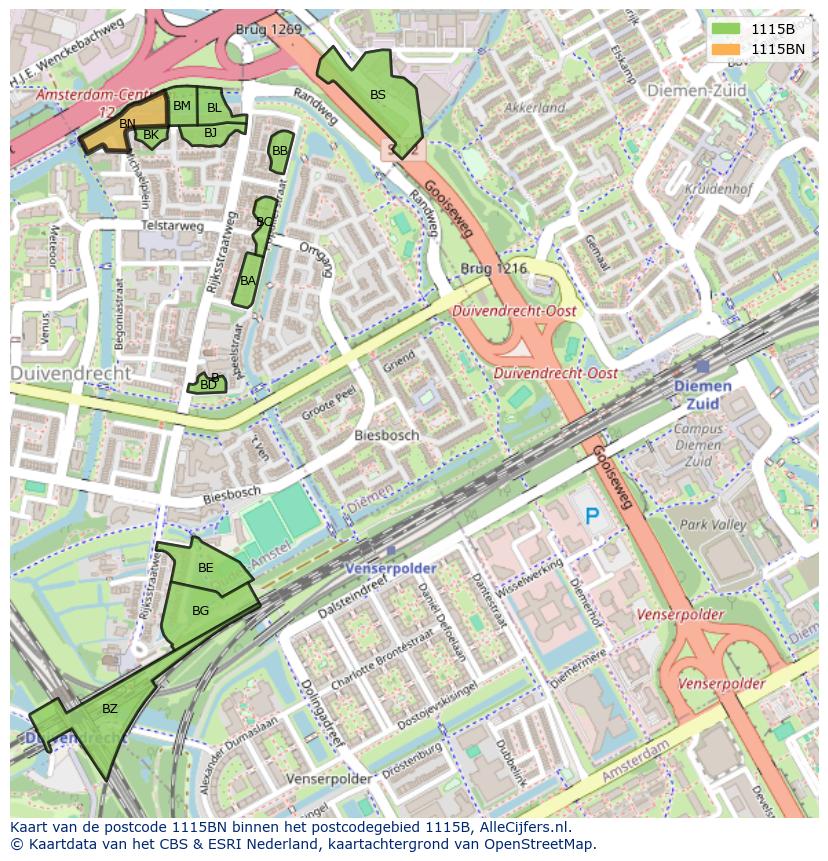 Afbeelding van het postcodegebied 1115 BN op de kaart.