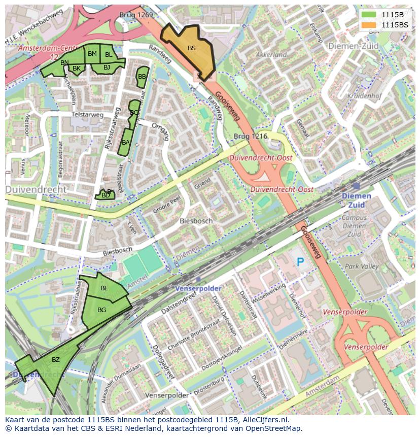 Afbeelding van het postcodegebied 1115 BS op de kaart.