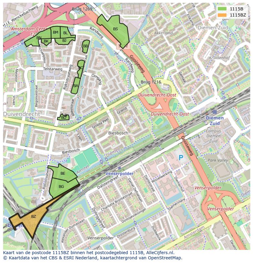 Afbeelding van het postcodegebied 1115 BZ op de kaart.