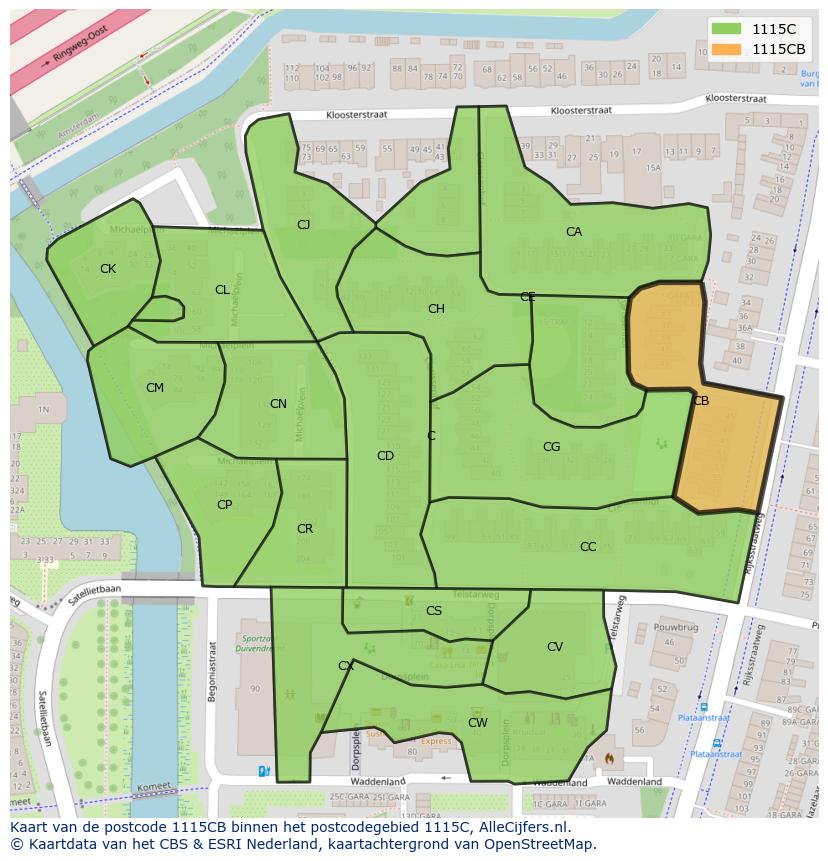 Afbeelding van het postcodegebied 1115 CB op de kaart.