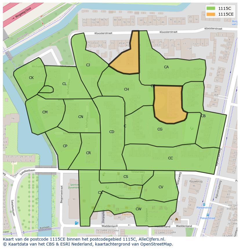 Afbeelding van het postcodegebied 1115 CE op de kaart.