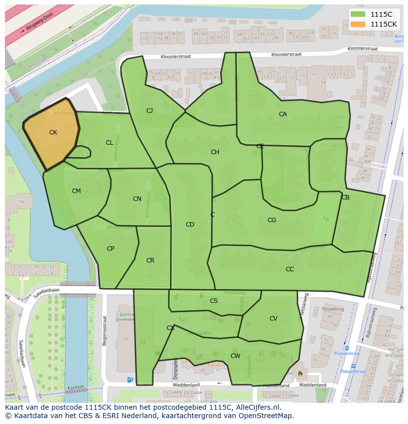Afbeelding van het postcodegebied 1115 CK op de kaart.
