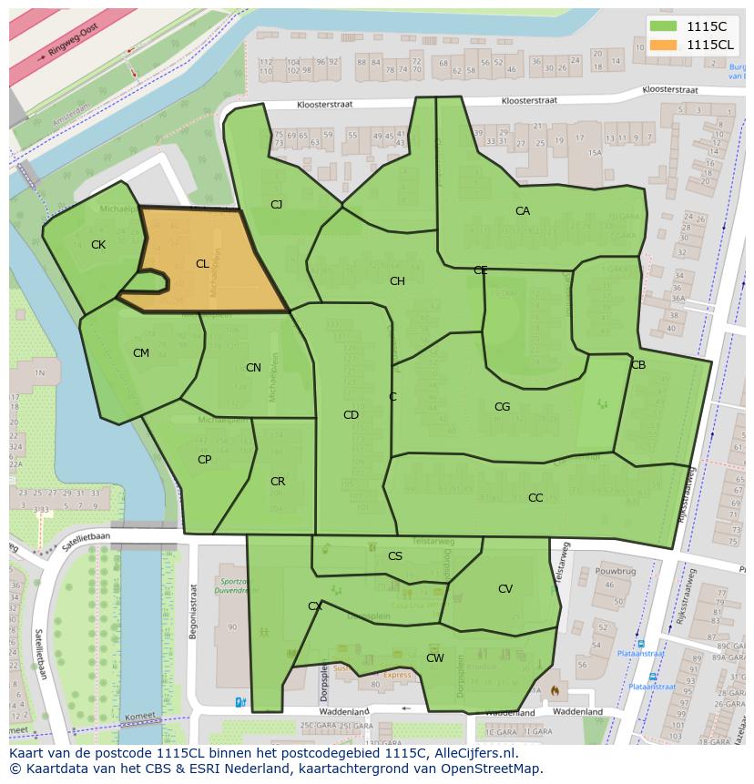 Afbeelding van het postcodegebied 1115 CL op de kaart.