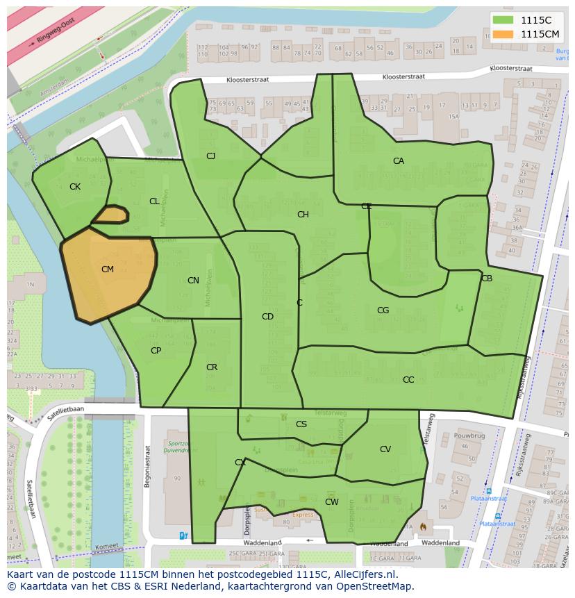 Afbeelding van het postcodegebied 1115 CM op de kaart.
