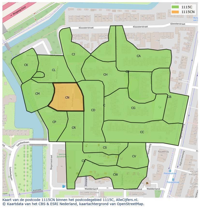 Afbeelding van het postcodegebied 1115 CN op de kaart.