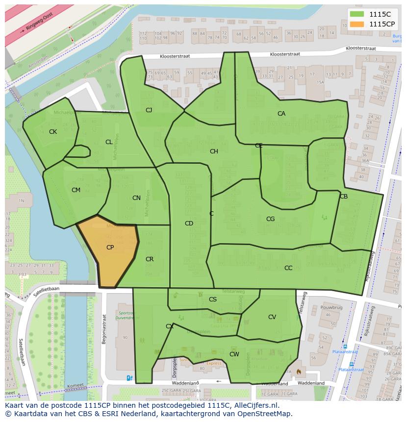 Afbeelding van het postcodegebied 1115 CP op de kaart.