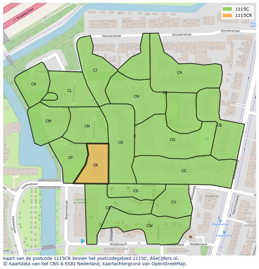 Afbeelding van het postcodegebied 1115 CR op de kaart.