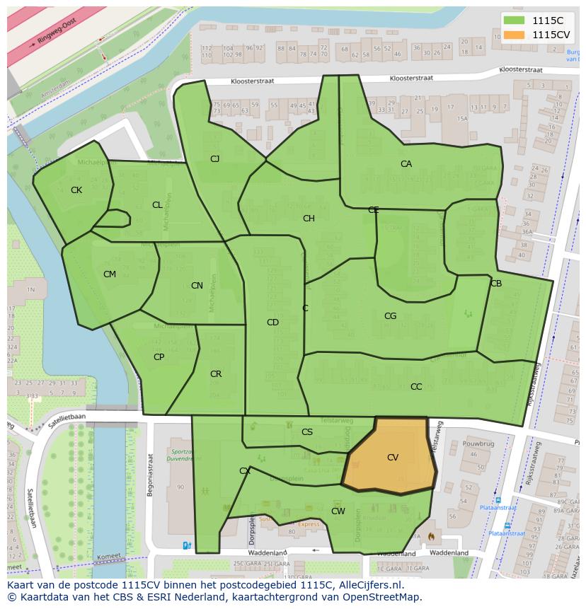 Afbeelding van het postcodegebied 1115 CV op de kaart.