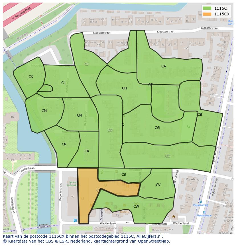Afbeelding van het postcodegebied 1115 CX op de kaart.