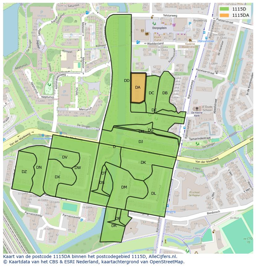 Afbeelding van het postcodegebied 1115 DA op de kaart.