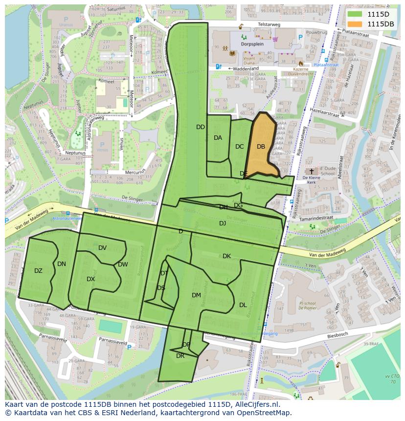 Afbeelding van het postcodegebied 1115 DB op de kaart.