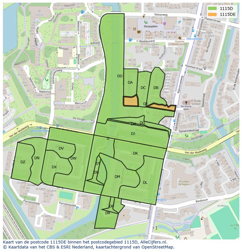 Afbeelding van het postcodegebied 1115 DE op de kaart.