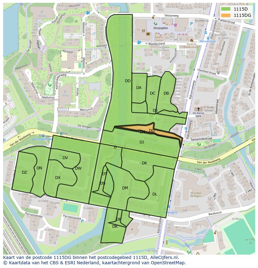 Afbeelding van het postcodegebied 1115 DG op de kaart.