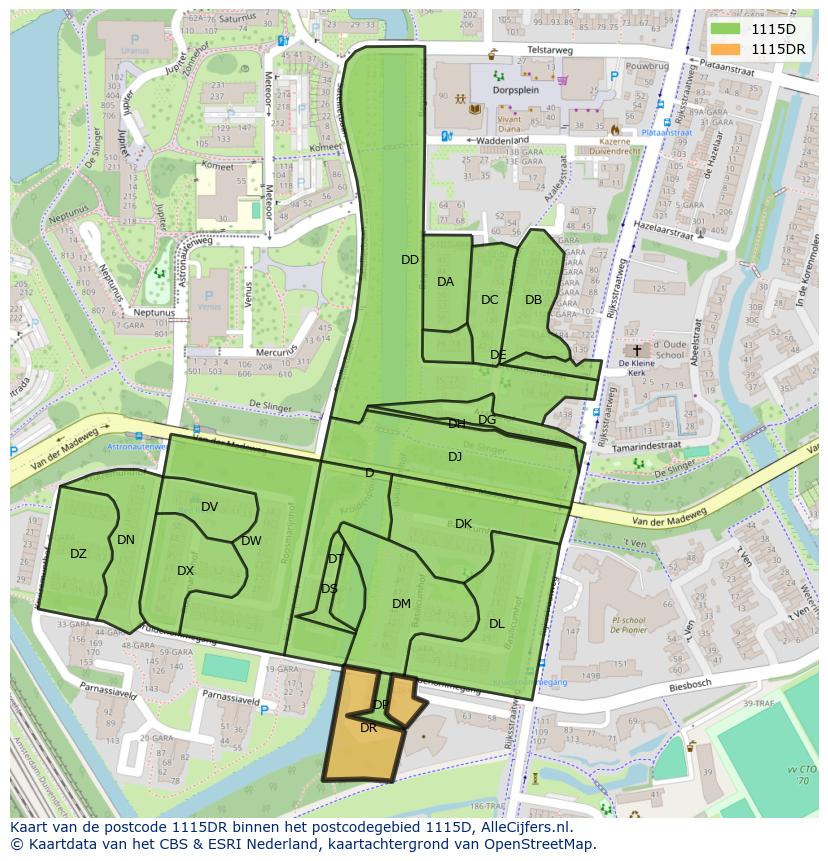 Afbeelding van het postcodegebied 1115 DR op de kaart.