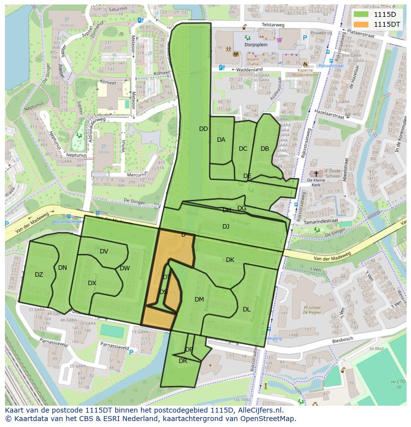 Afbeelding van het postcodegebied 1115 DT op de kaart.
