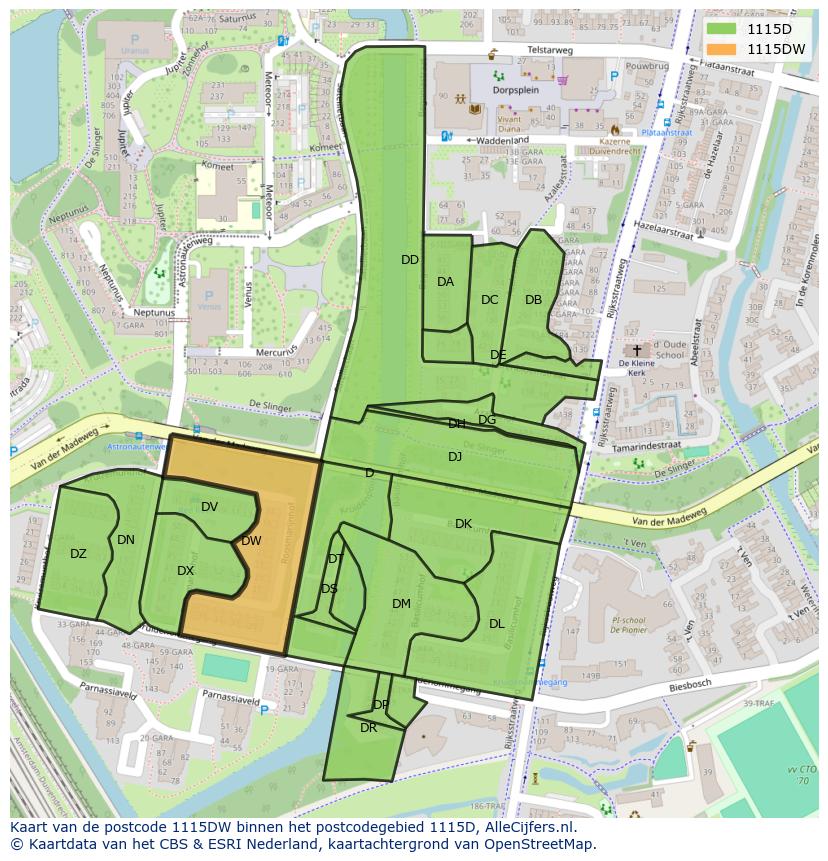 Afbeelding van het postcodegebied 1115 DW op de kaart.