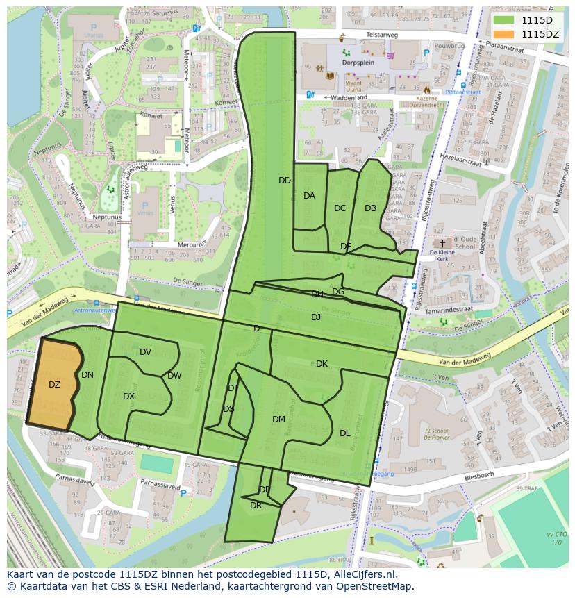 Afbeelding van het postcodegebied 1115 DZ op de kaart.
