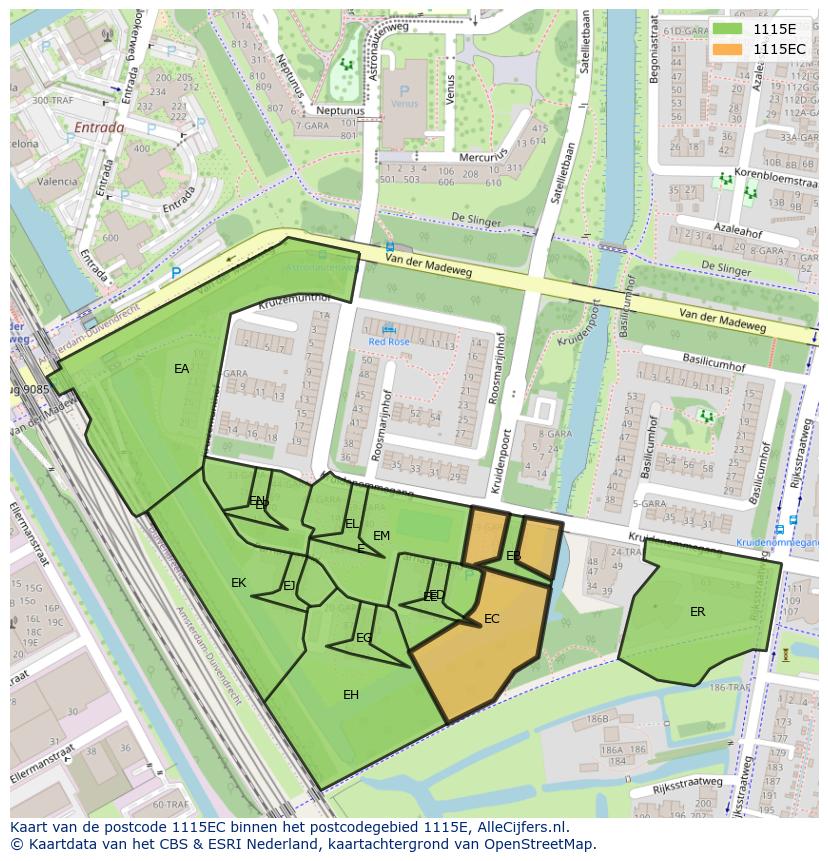 Afbeelding van het postcodegebied 1115 EC op de kaart.