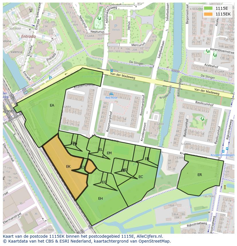 Afbeelding van het postcodegebied 1115 EK op de kaart.