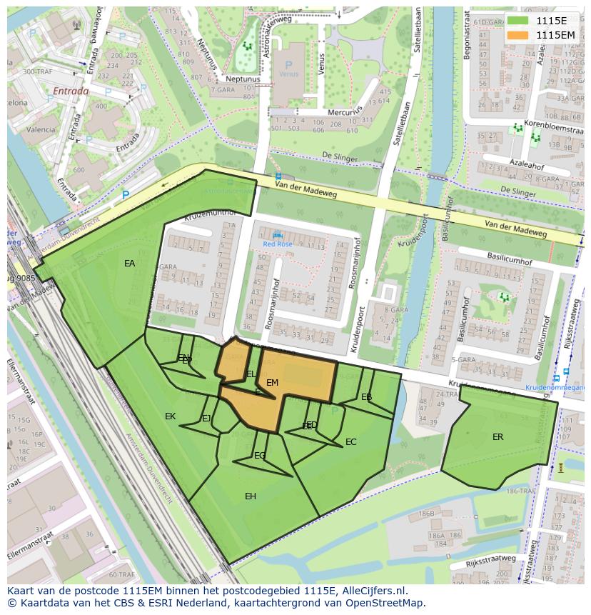 Afbeelding van het postcodegebied 1115 EM op de kaart.