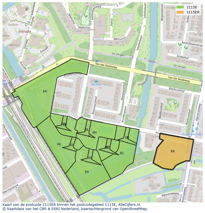 Afbeelding van het postcodegebied 1115 ER op de kaart.