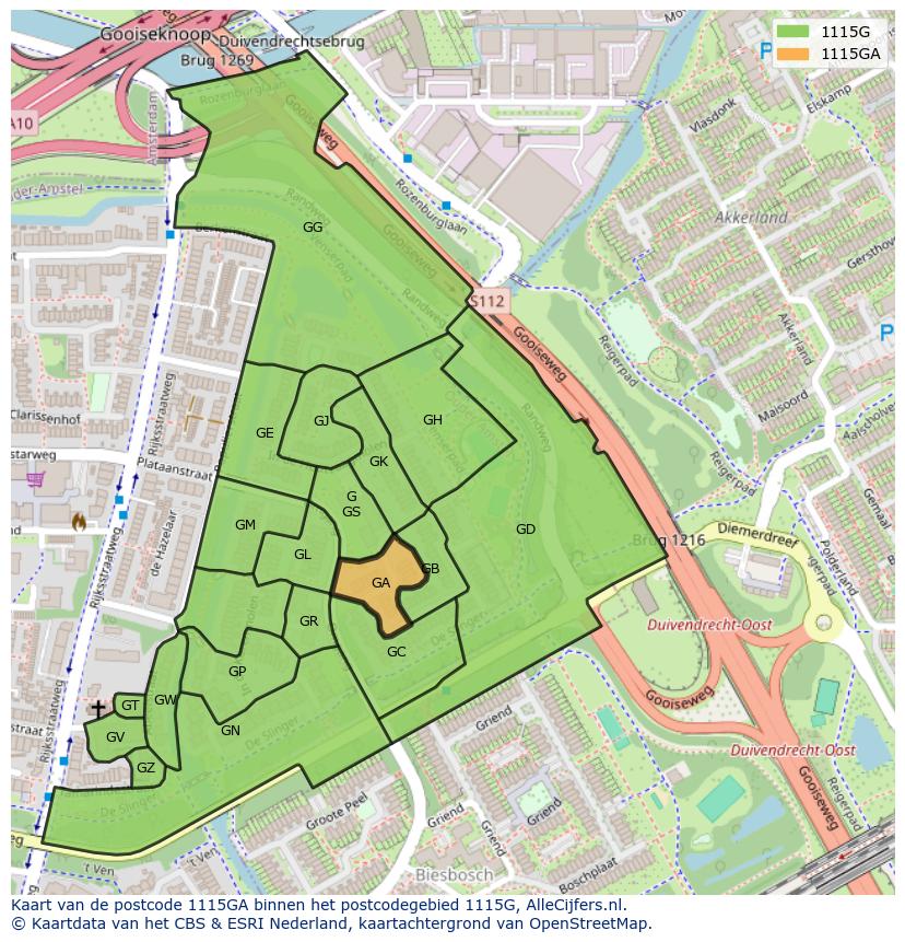 Afbeelding van het postcodegebied 1115 GA op de kaart.