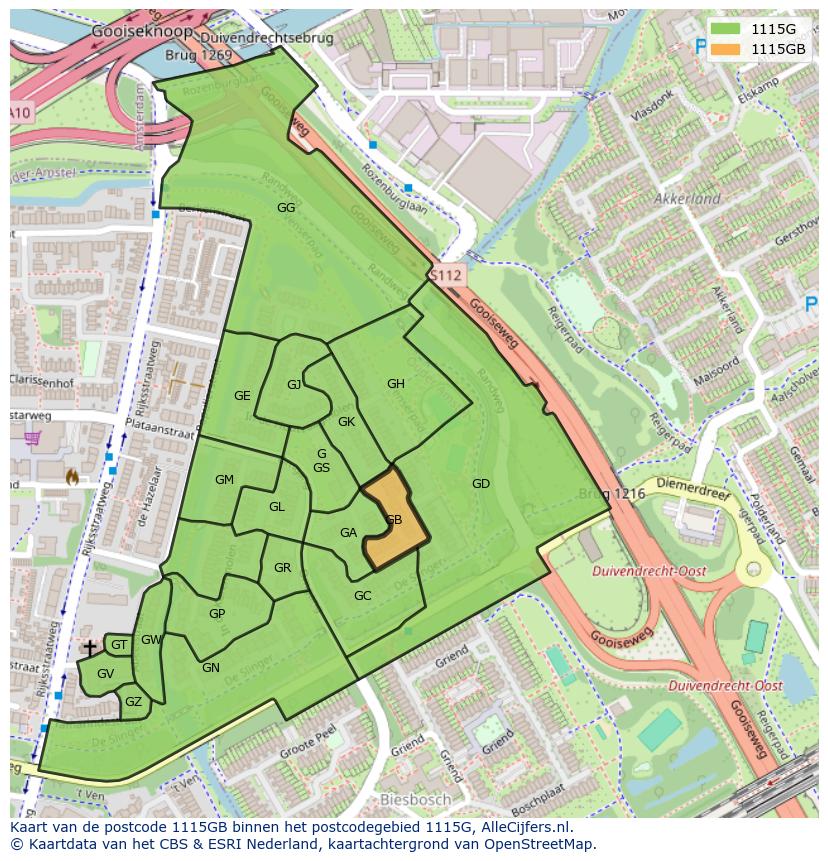 Afbeelding van het postcodegebied 1115 GB op de kaart.