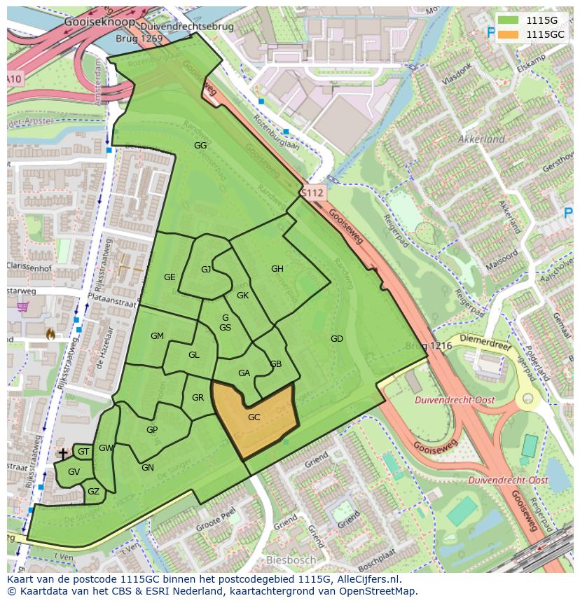 Afbeelding van het postcodegebied 1115 GC op de kaart.