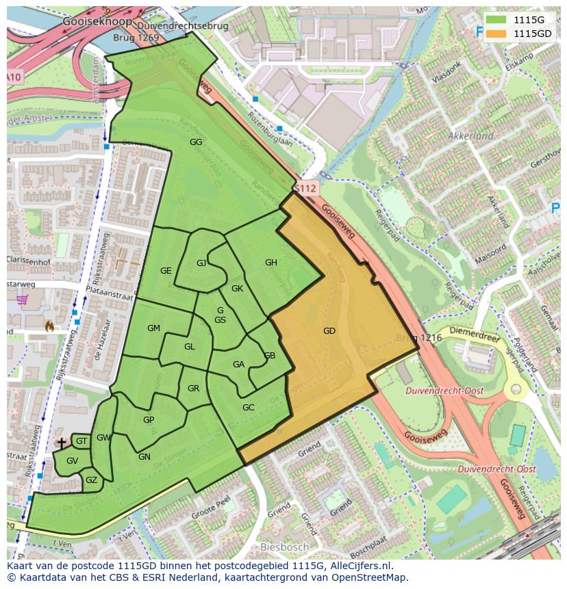 Afbeelding van het postcodegebied 1115 GD op de kaart.