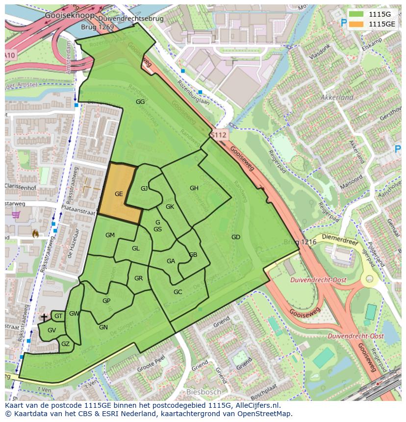 Afbeelding van het postcodegebied 1115 GE op de kaart.