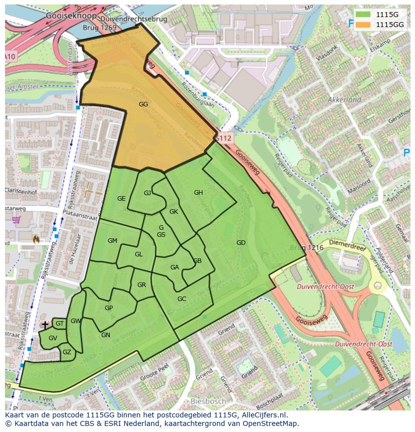 Afbeelding van het postcodegebied 1115 GG op de kaart.