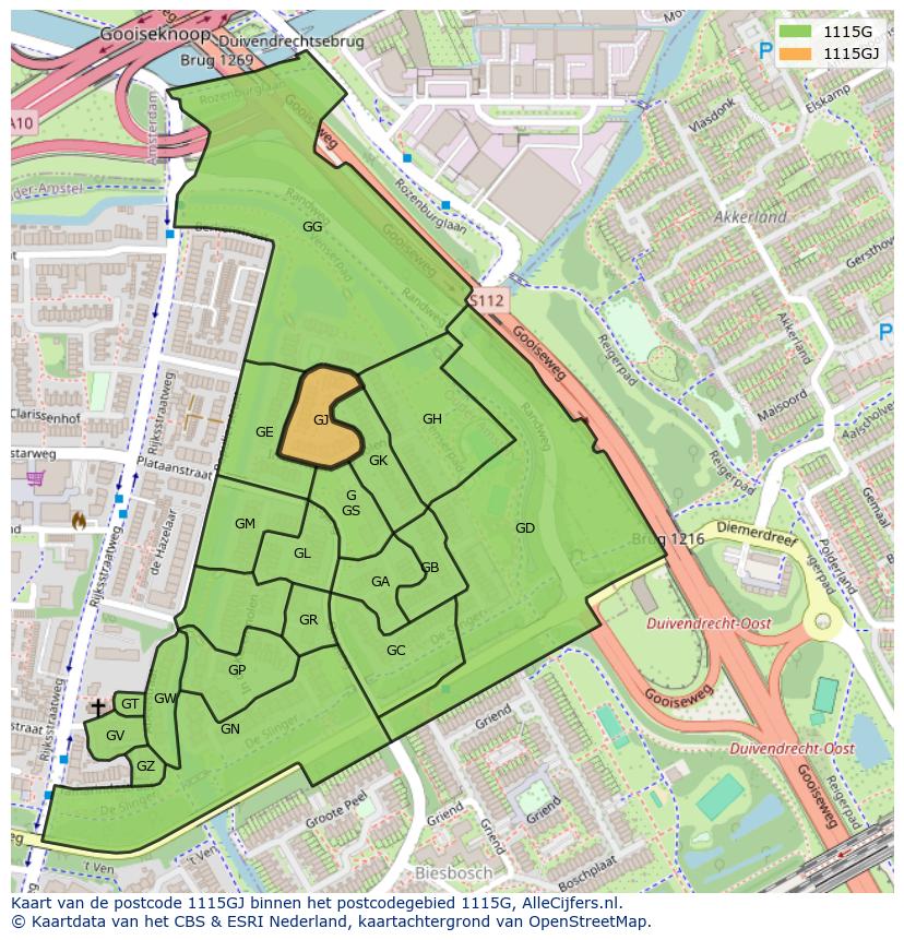 Afbeelding van het postcodegebied 1115 GJ op de kaart.