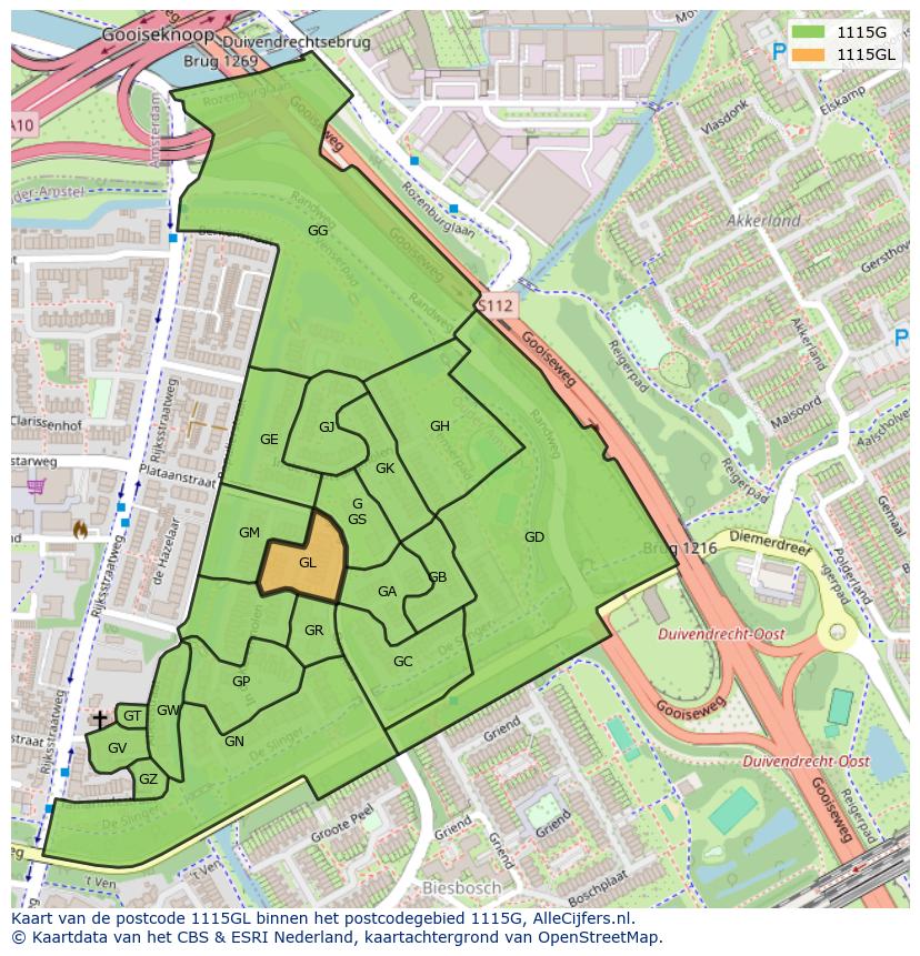 Afbeelding van het postcodegebied 1115 GL op de kaart.