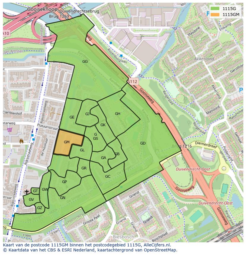 Afbeelding van het postcodegebied 1115 GM op de kaart.