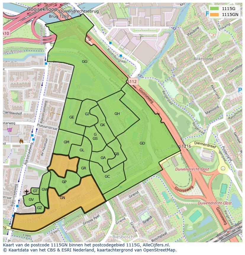 Afbeelding van het postcodegebied 1115 GN op de kaart.