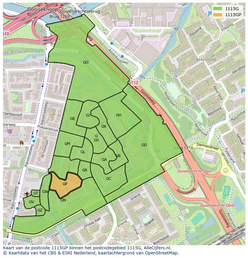 Afbeelding van het postcodegebied 1115 GP op de kaart.