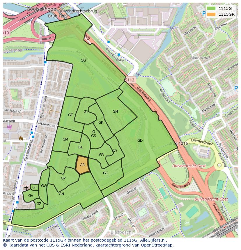 Afbeelding van het postcodegebied 1115 GR op de kaart.