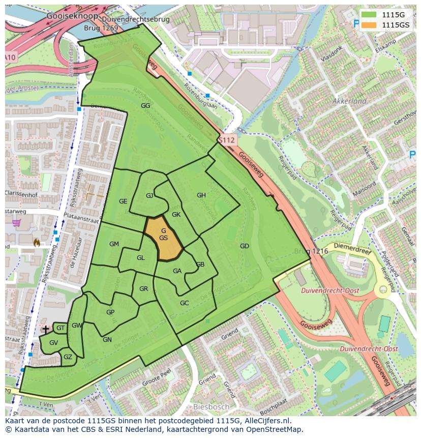 Afbeelding van het postcodegebied 1115 GS op de kaart.