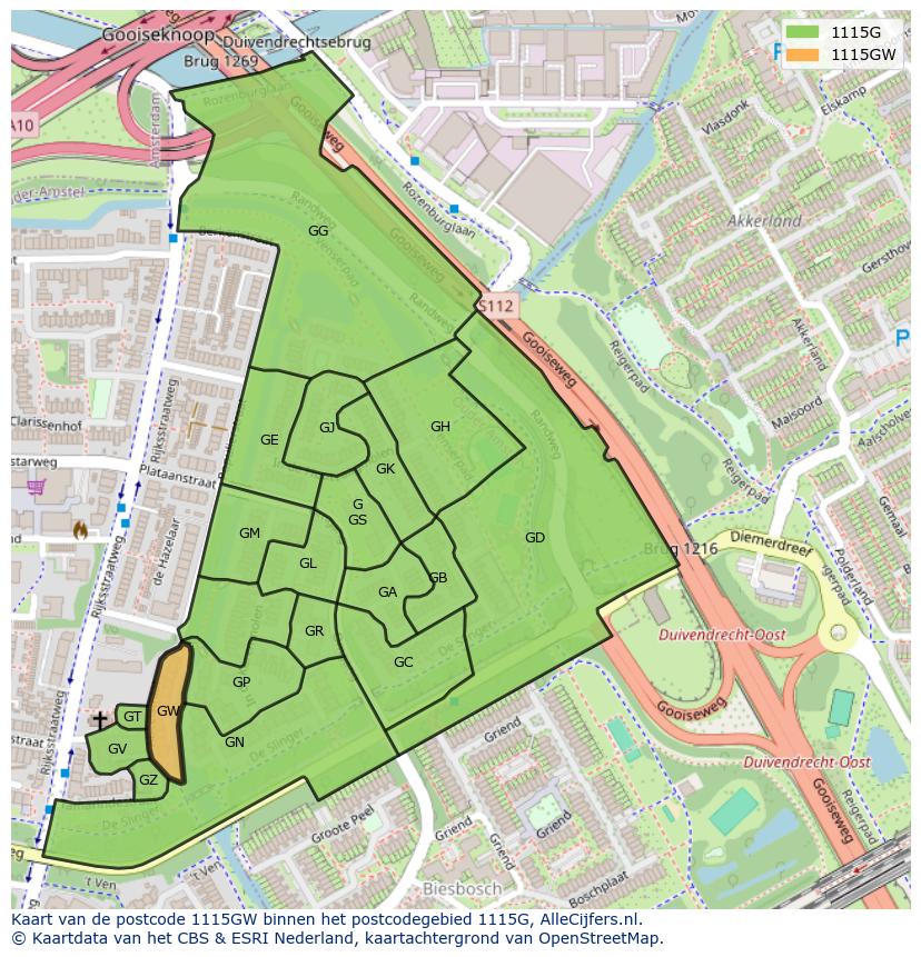 Afbeelding van het postcodegebied 1115 GW op de kaart.