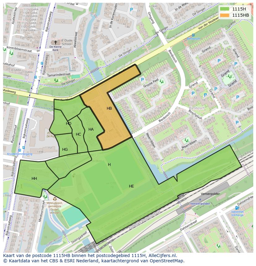 Afbeelding van het postcodegebied 1115 HB op de kaart.