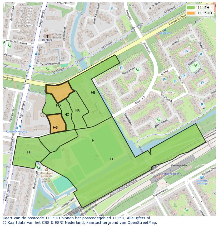 Afbeelding van het postcodegebied 1115 HD op de kaart.
