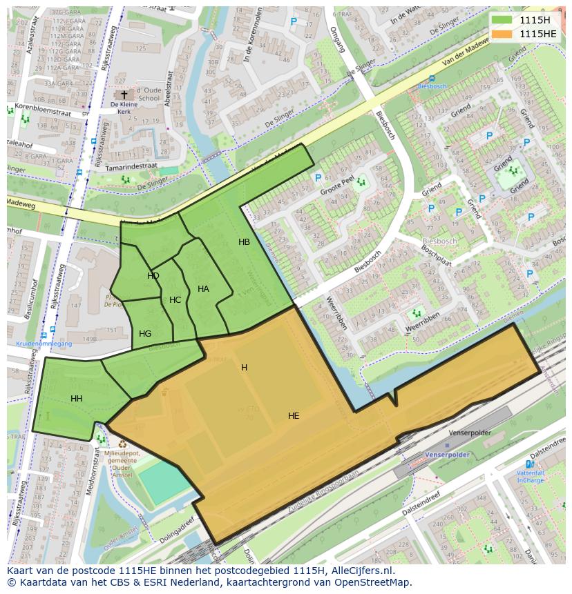 Afbeelding van het postcodegebied 1115 HE op de kaart.