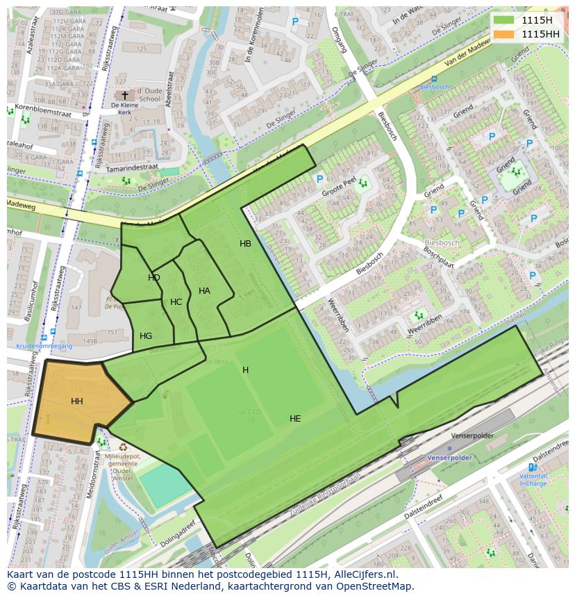 Afbeelding van het postcodegebied 1115 HH op de kaart.
