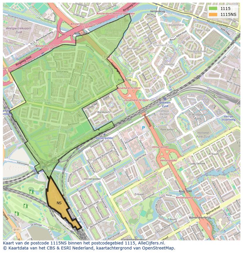 Afbeelding van het postcodegebied 1115 NS op de kaart.