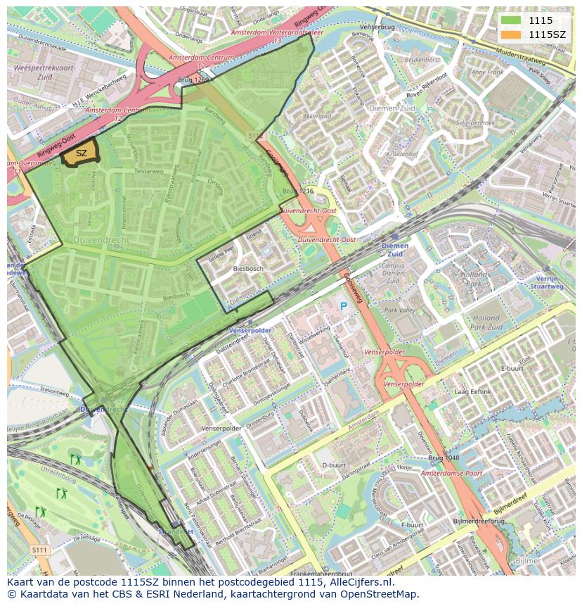 Afbeelding van het postcodegebied 1115 SZ op de kaart.