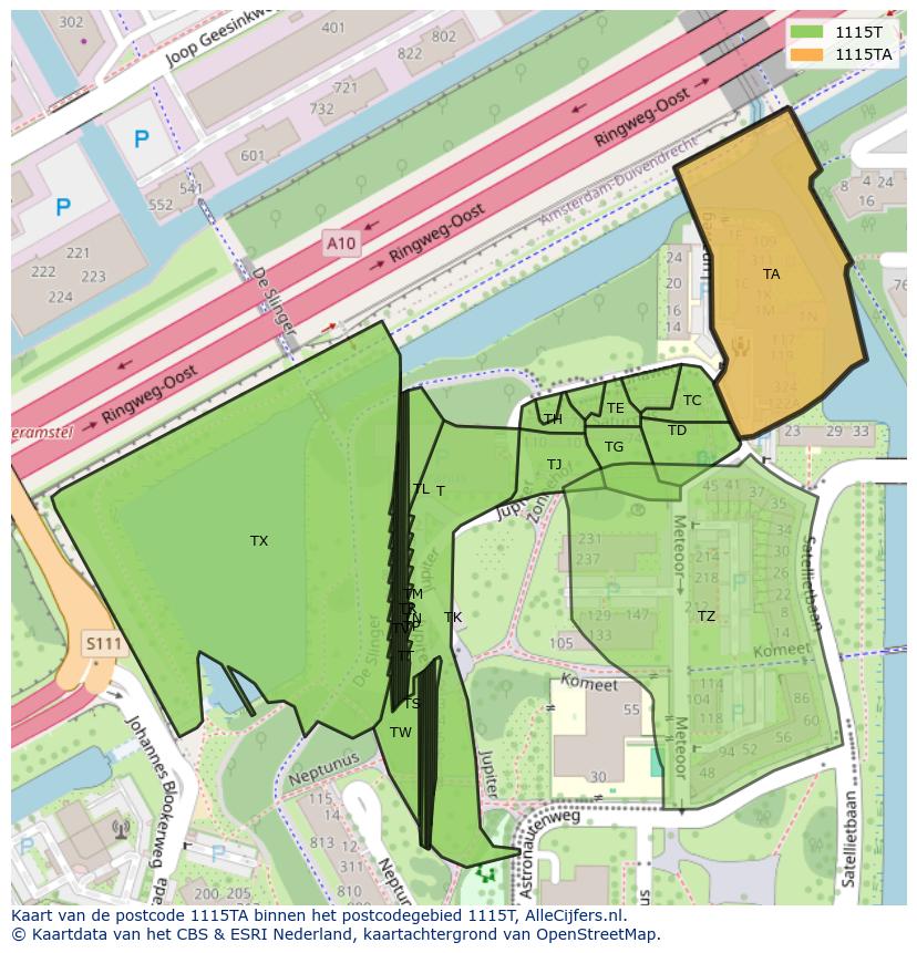 Afbeelding van het postcodegebied 1115 TA op de kaart.